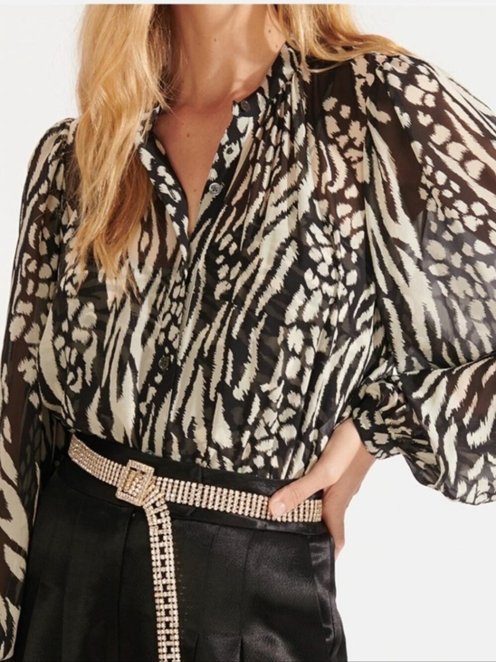 Veronica Beard Black and Cream Animal-Print Sheer Button Blouse